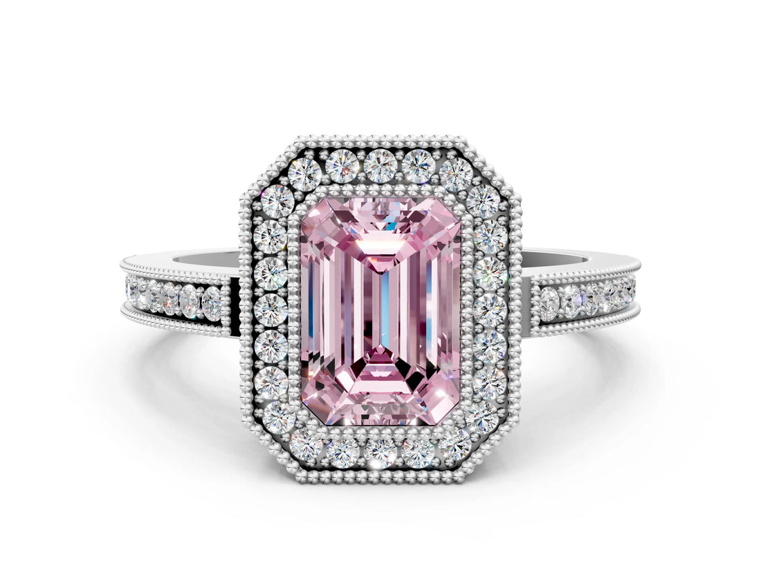 White gold Fancy Pink Emerald  Cut Halo Diamond Ring with Pavé Band and Milgrain Prong Setting_32