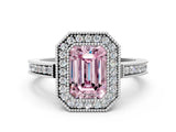 White gold Fancy Pink Emerald  Cut Halo Diamond Ring with Pavé Band and Milgrain Prong Setting_32