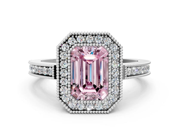 Platinum Fancy Pink Emerald  Cut Halo Diamond Ring with Pavé Band and Milgrain Prong Setting