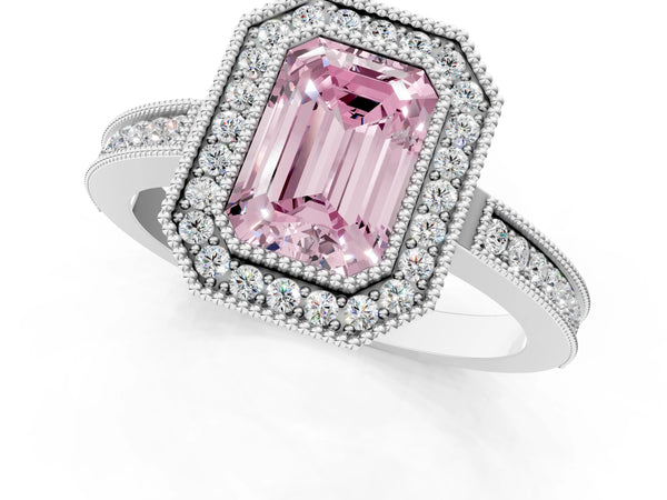 Platinum Fancy Pink Emerald  Cut Halo Diamond Ring with Pavé Band and Milgrain Prong Setting