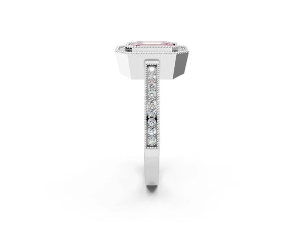 Platinum Fancy Pink Emerald  Cut Halo Diamond Ring with Pavé Band and Milgrain Prong Setting