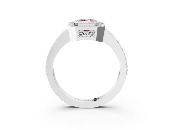 Platinum Fancy Pink Emerald  Cut Halo Diamond Ring with Pavé Band and Milgrain Prong Setting