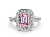 White gold Fancy Pink Emerald Cut Halo Diamond Ring with Pavé Band and Three-Prong Setting_12