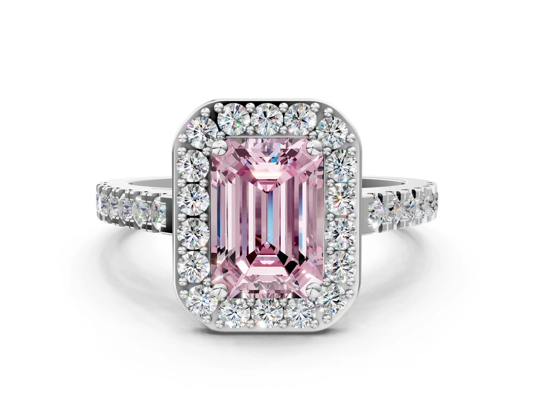 White gold Fancy Pink Emerald Cut Halo Diamond Ring with Pavé Band and Three-Prong Setting_12