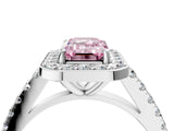 White gold Fancy Pink Emerald Cut Halo Diamond Ring with Pavé Band and Three-Prong Setting_16