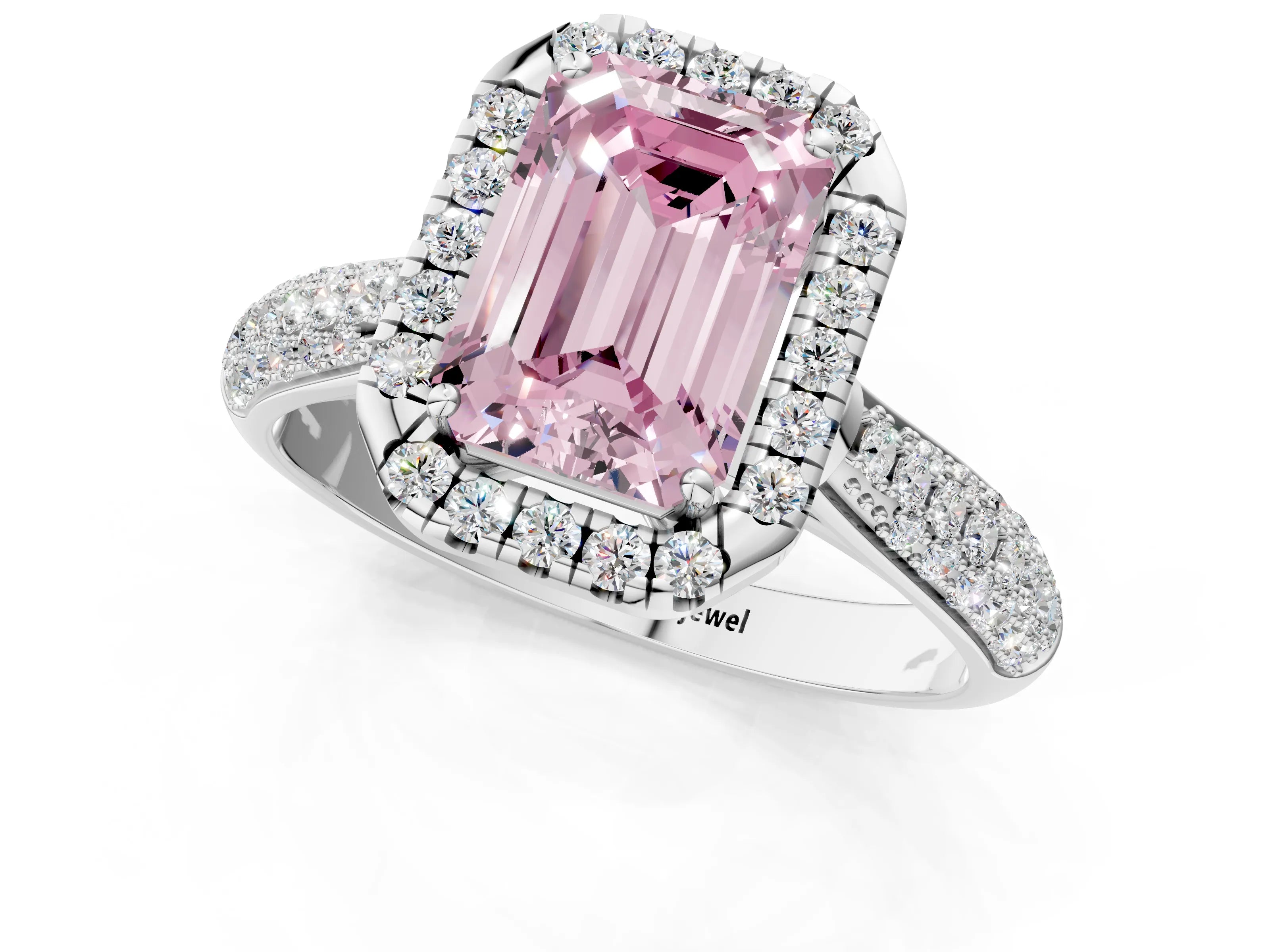 White gold Fancy Pink Emerald Cut Halo Diamond Ring with Pavé Band_1