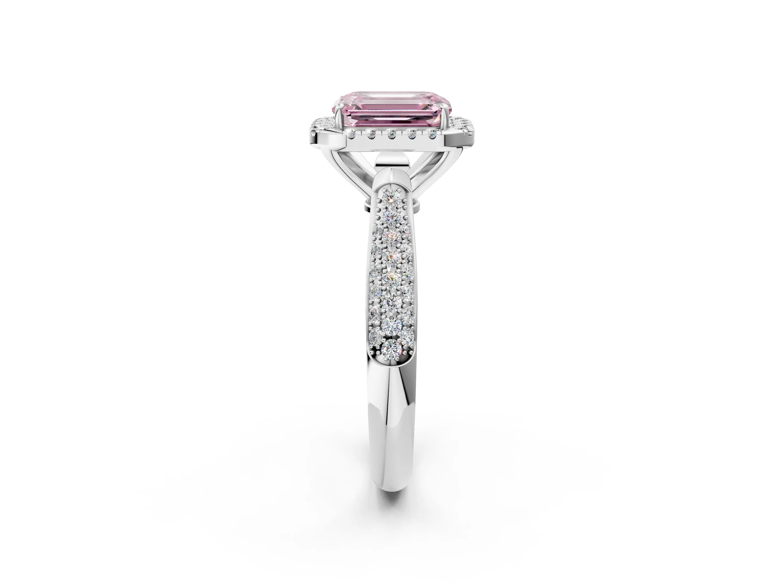 White gold Fancy Pink Emerald Cut Halo Diamond Ring with Pavé Band_2