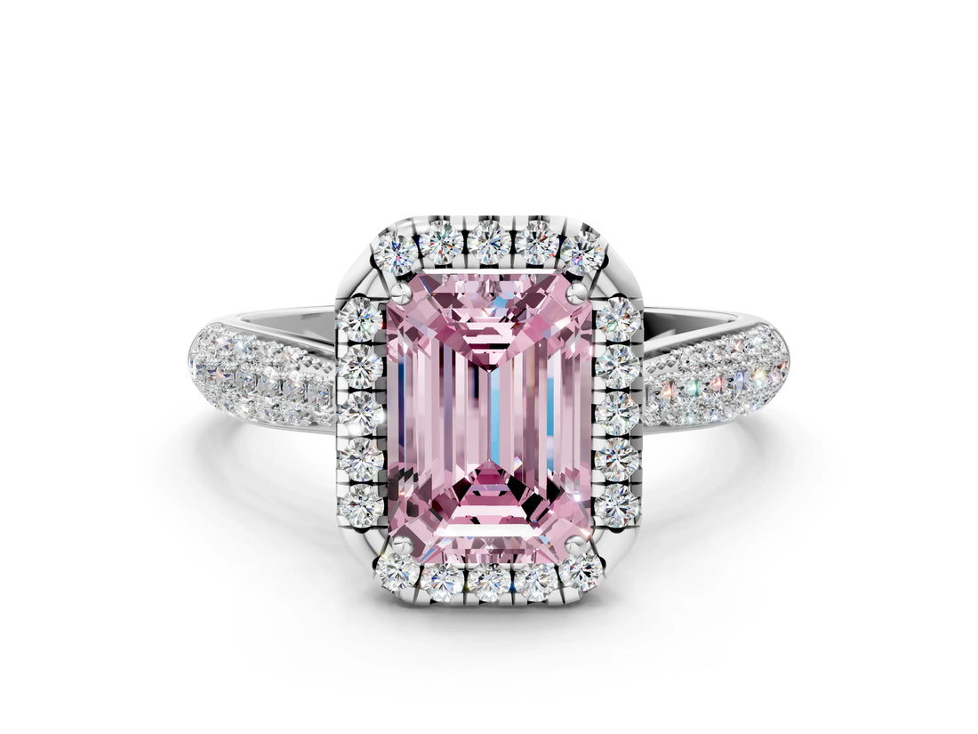 White gold Fancy Pink Emerald Cut Halo Diamond Ring with Pavé Band_36
