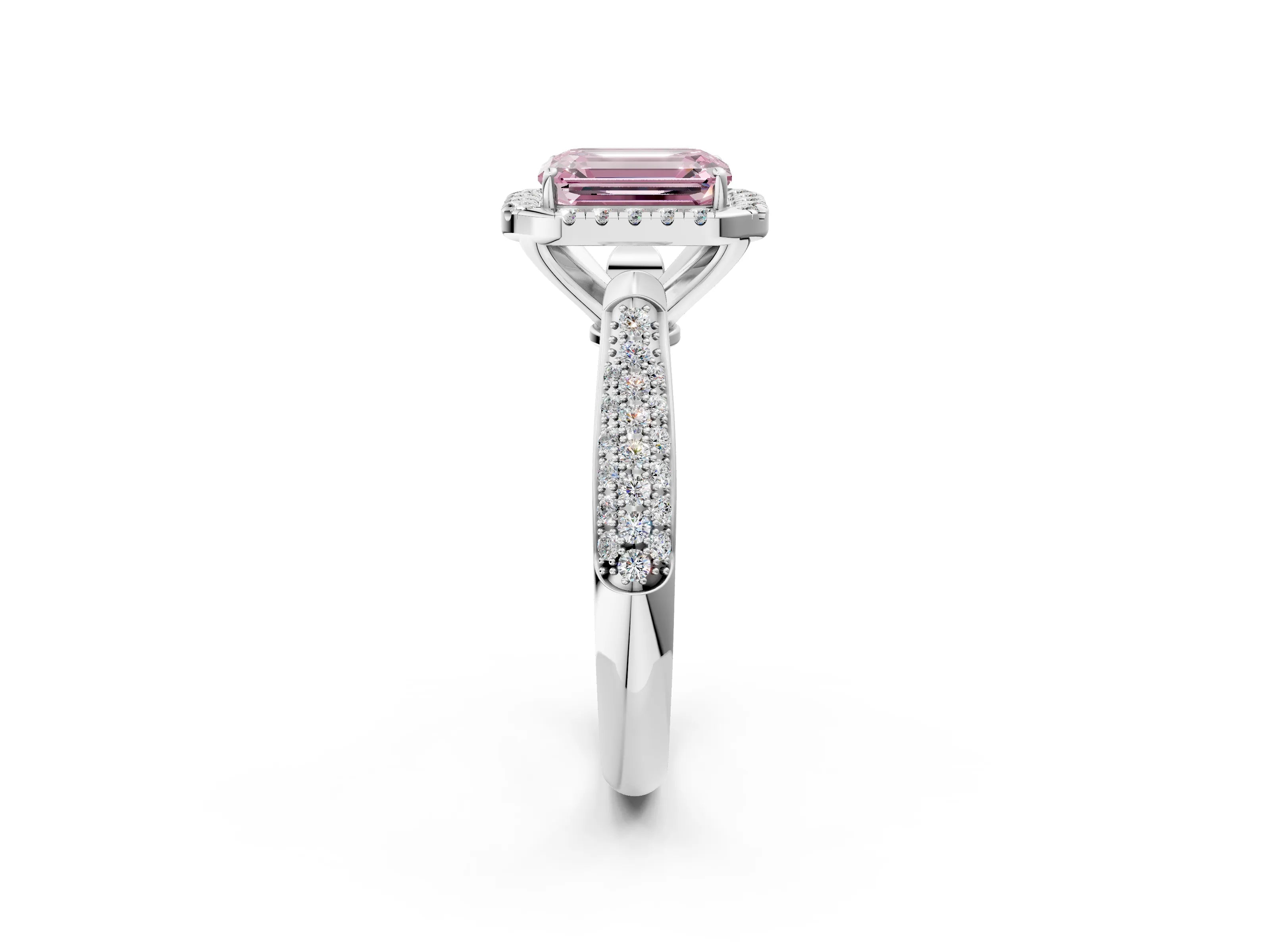 White gold Fancy Pink Emerald Cut Halo Diamond Ring with Pavé Band_38