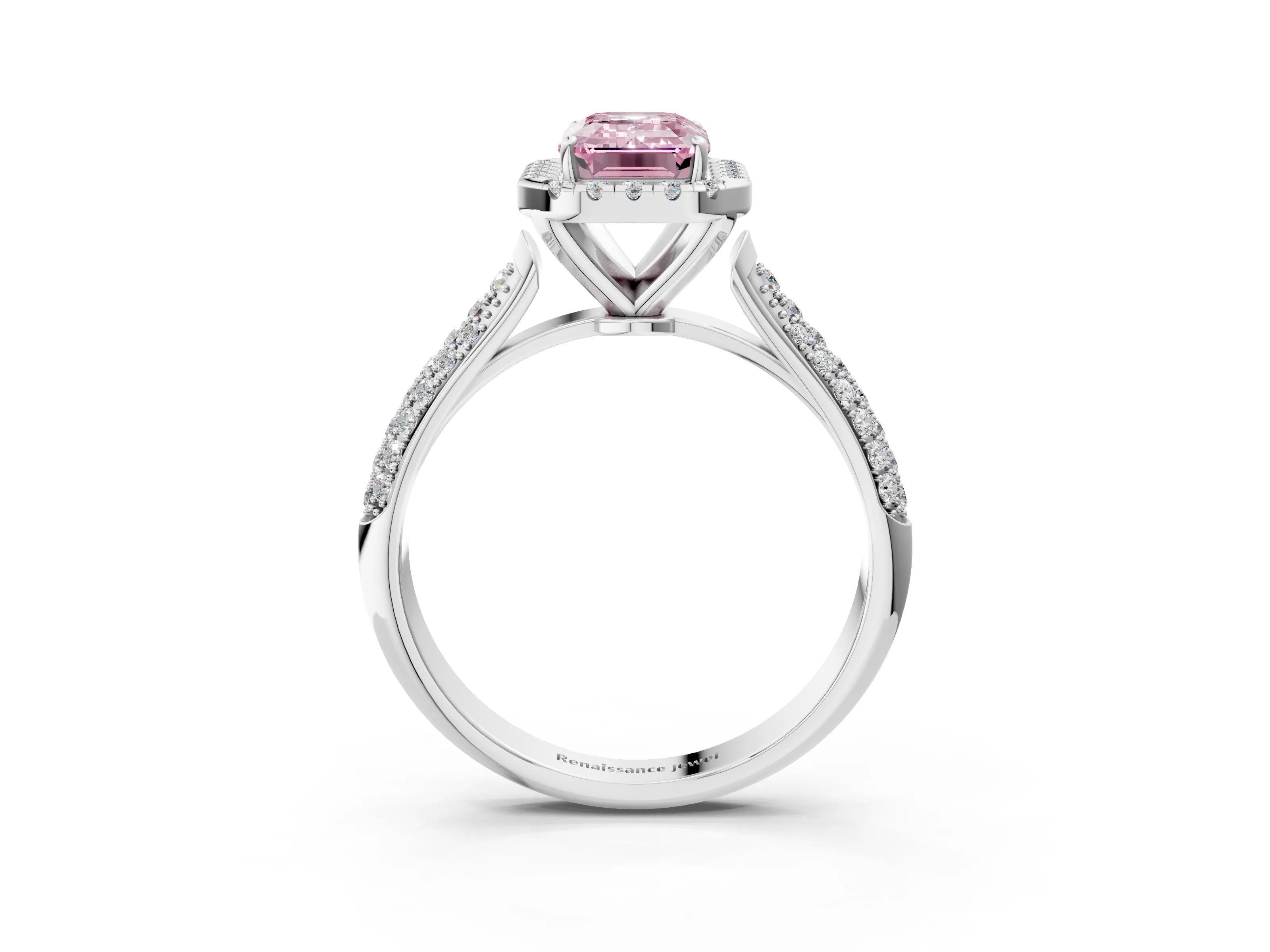 White gold Fancy Pink Emerald Cut Halo Diamond Ring with Pavé Band_39