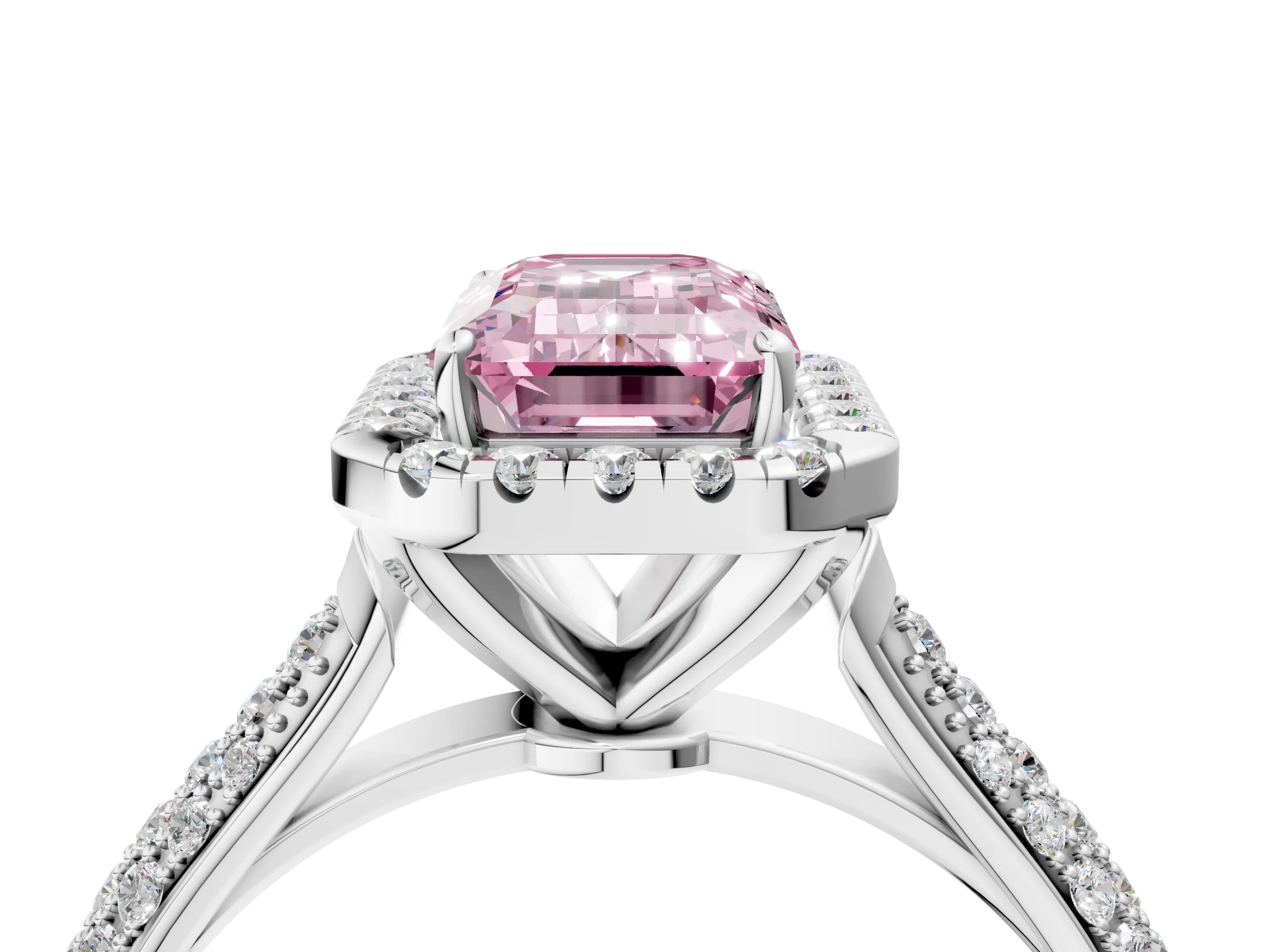 White gold Fancy Pink Emerald Cut Halo Diamond Ring with Pavé Band_4