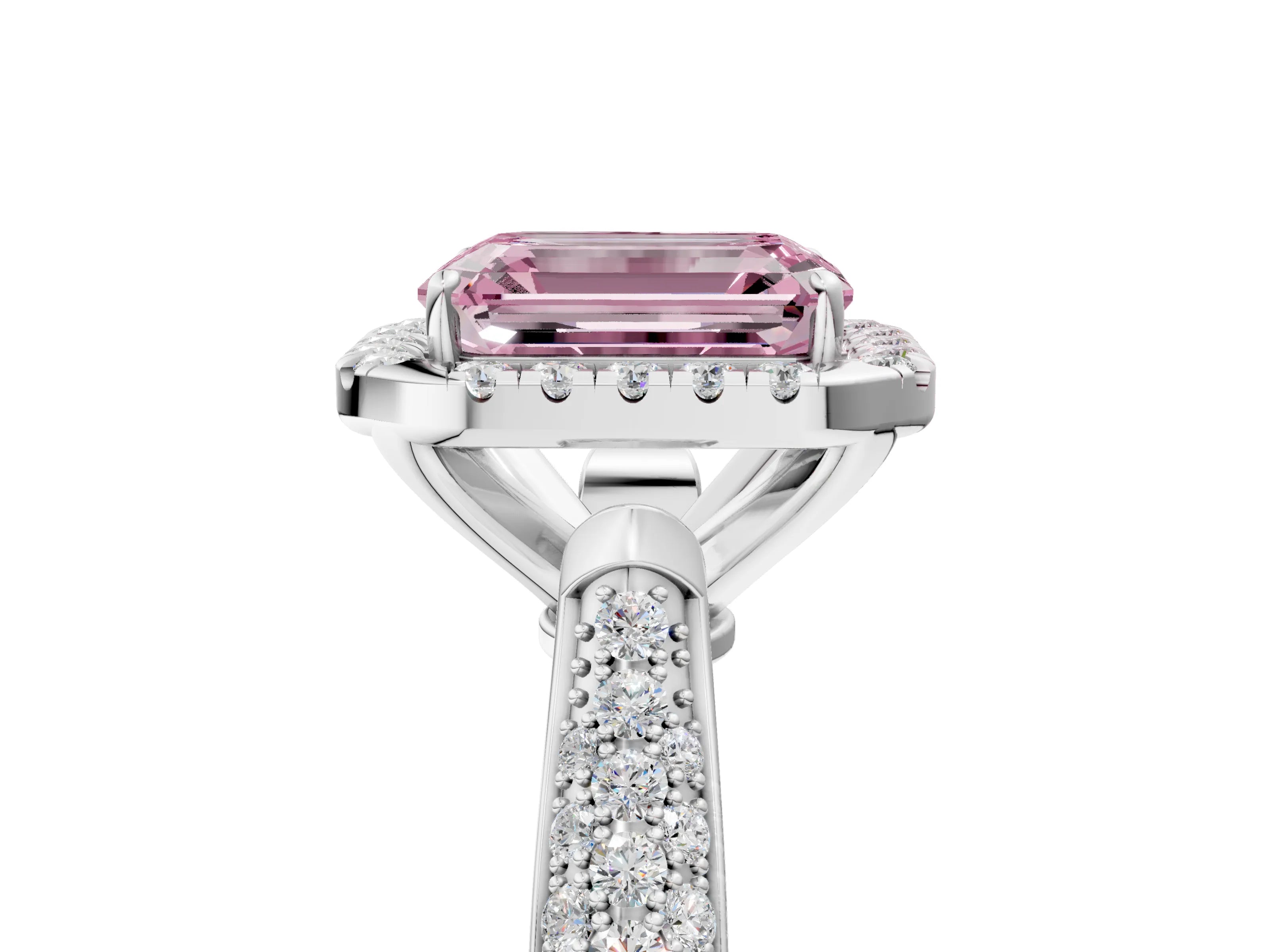 White gold Fancy Pink Emerald Cut Halo Diamond Ring with Pavé Band_5