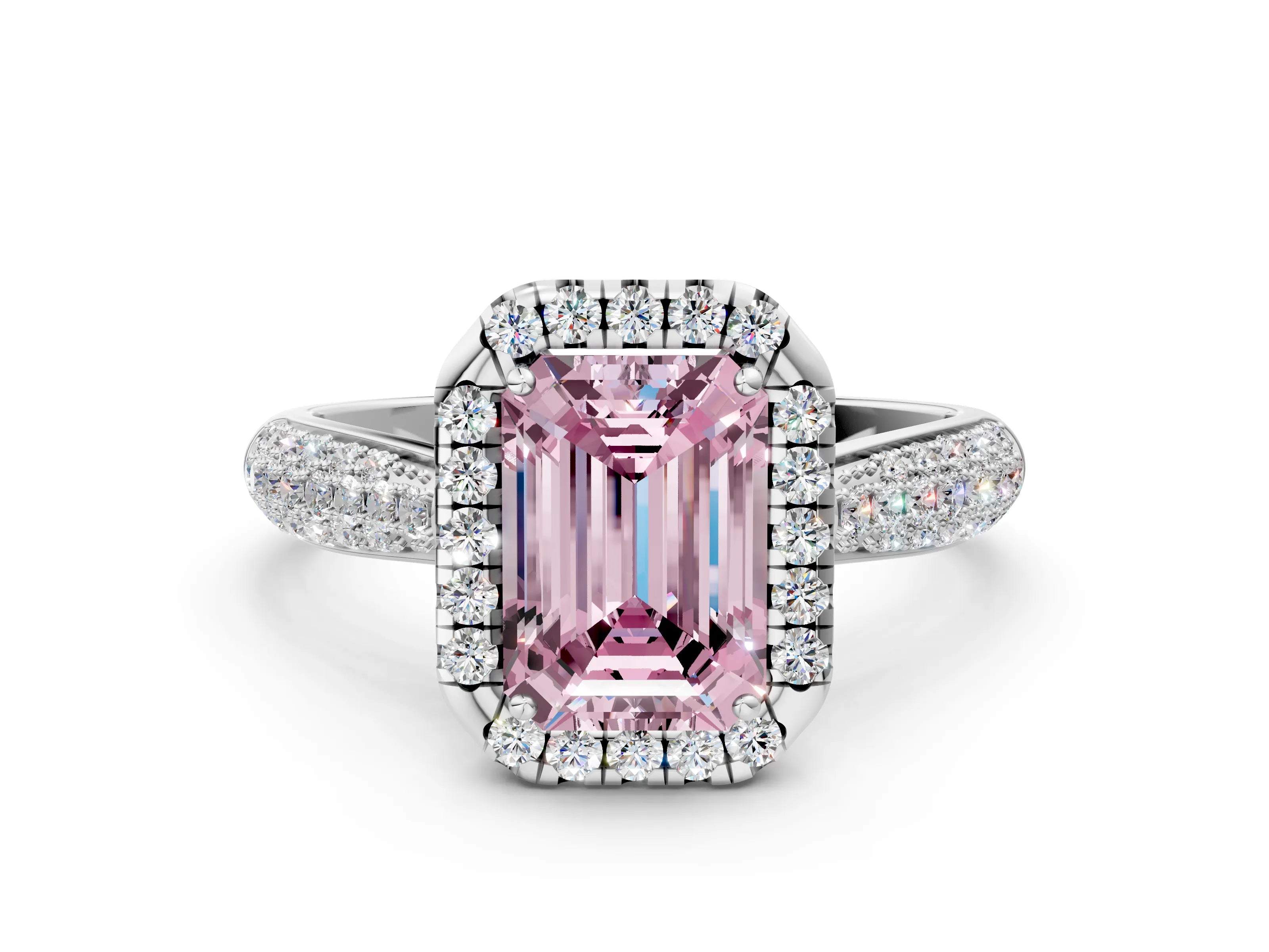 White gold Fancy Pink Emerald Cut Halo Diamond Ring with Pavé Band