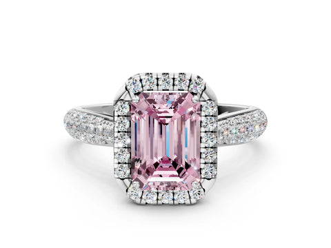 White gold Fancy Pink Emerald Cut Halo Diamond Ring with Pavé Band