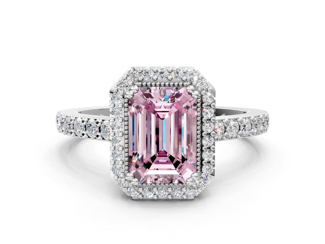 White gold Fancy Pink Emerald  Cut Halo Diamond Ring with Pave Band and Four-Prong Setting_24