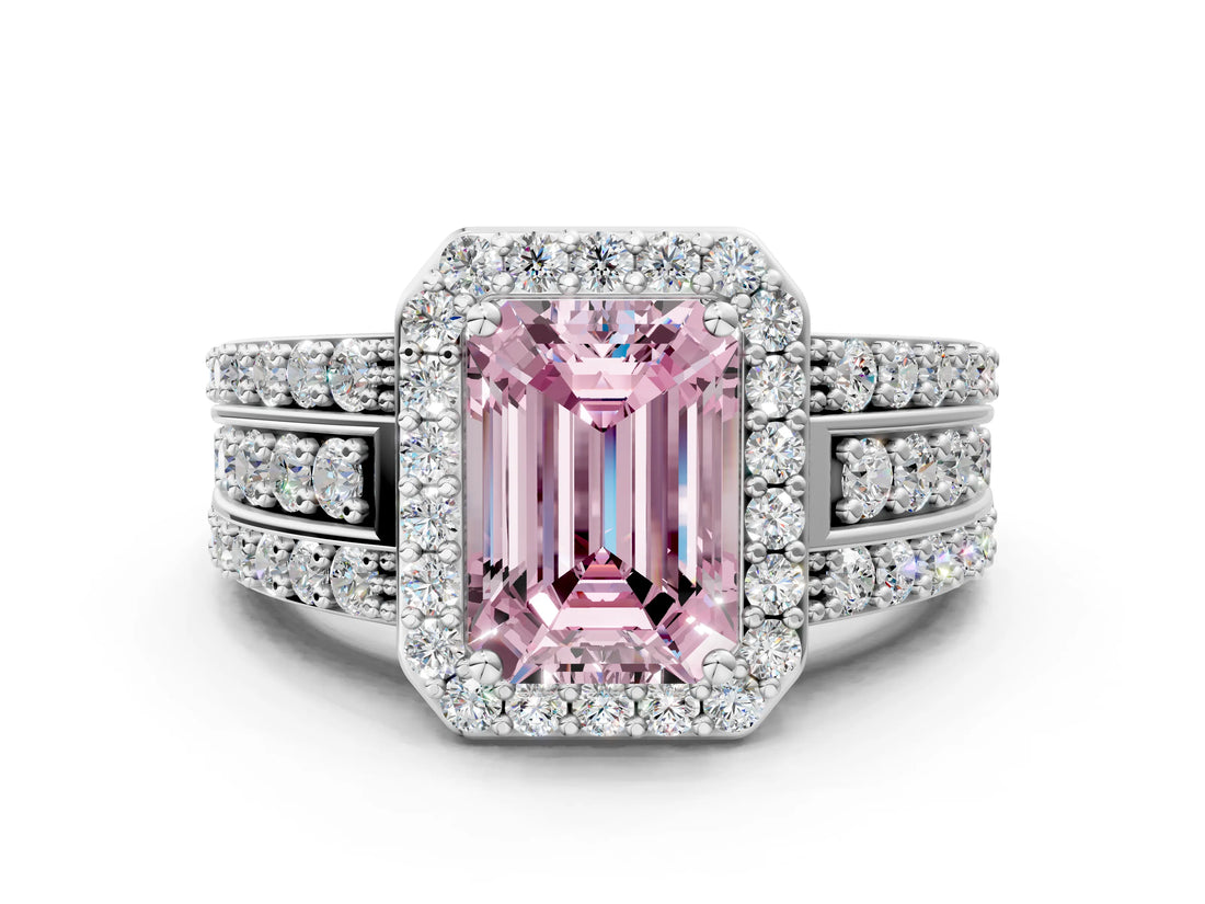 White gold Fancy Pink Emerald Cut Halo Diamond Ring with Round  Split Shank and Prong Setting_146