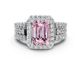 White gold Fancy Pink Emerald Cut Halo Diamond Ring with Round  Split Shank and Prong Setting_146