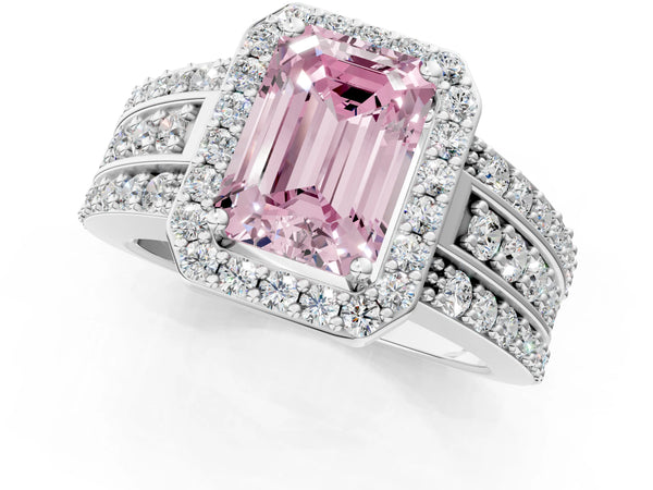 White Gold Emerald Cut Triple-Row Pave Halo Engagement Ring Setting for Fancy Pink Center
