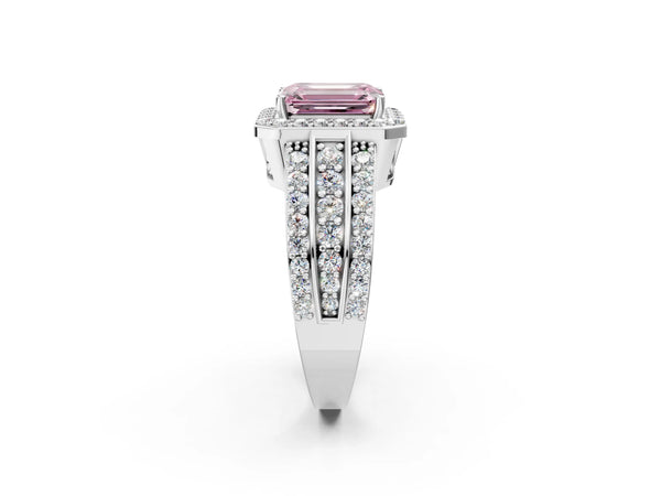 White Gold Emerald Cut Triple-Row Pave Halo Engagement Ring Setting for Fancy Pink Center