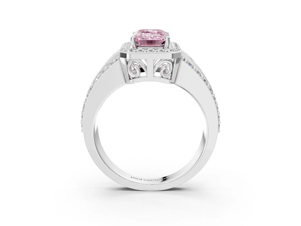White Gold Emerald Cut Triple-Row Pave Halo Engagement Ring Setting for Fancy Pink Center