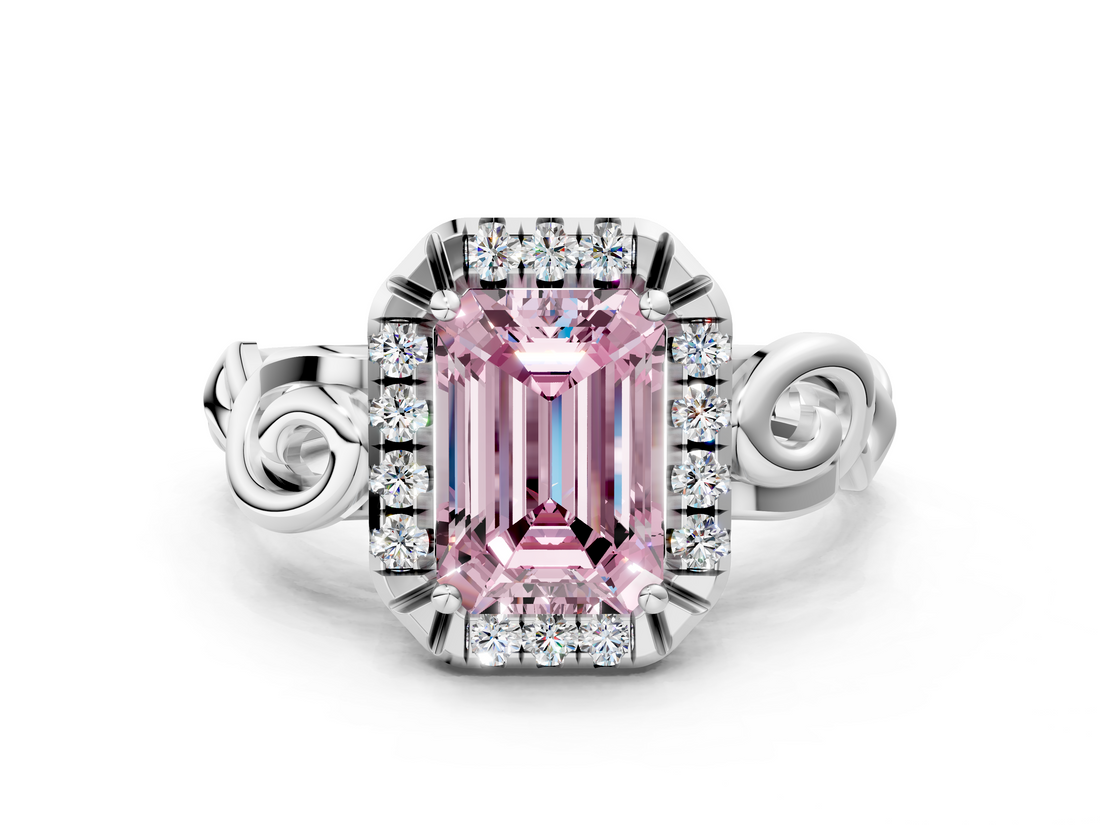 White gold Fancy Pink Emerald  Cut Halo Diamond Ring with Scrollwork Band and Four-Prong Setting_46
