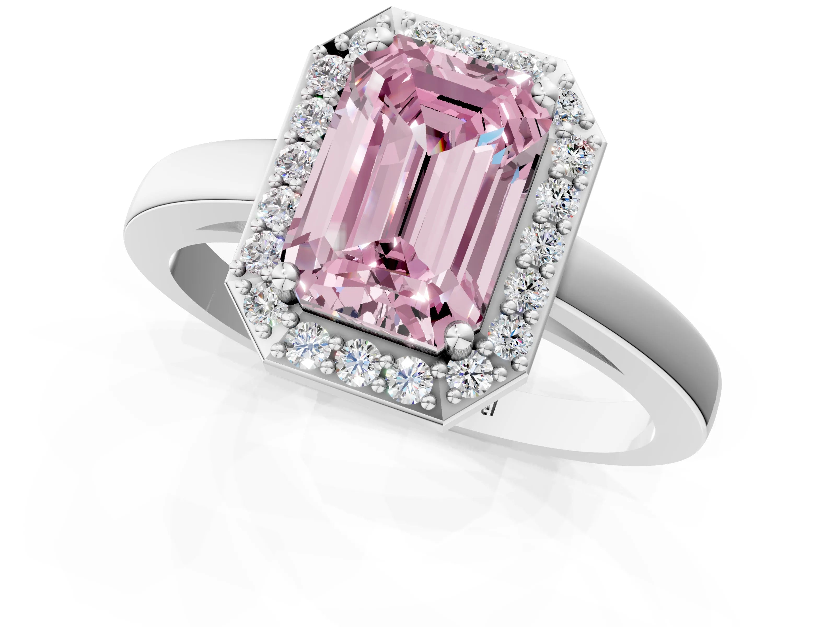 White gold Fancy Pink Emerald Cut Halo Diamond Ring with Solitaire Band and Prong Setting_1