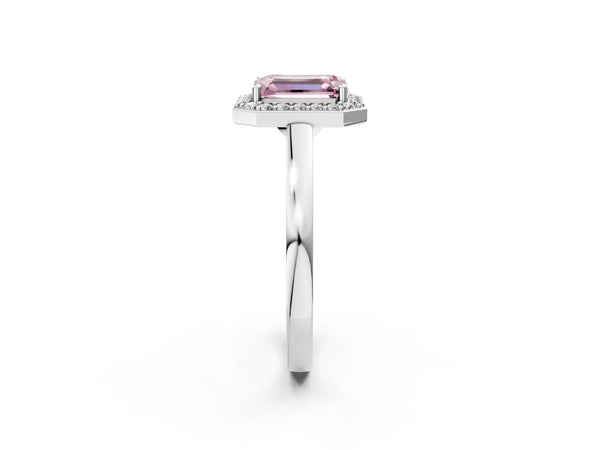 Platinum Fancy Pink Emerald Cut Halo Diamond Ring with Solitaire Band and Prong Setting