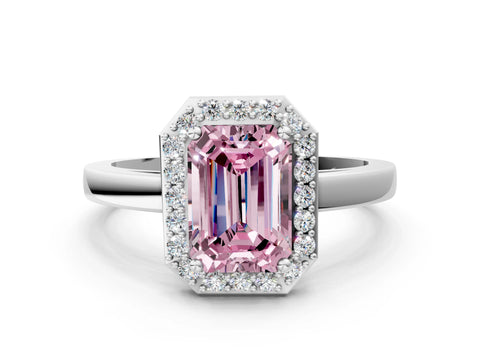 White gold Fancy Pink Emerald Cut Halo Diamond Ring with Solitaire Band and Prong Setting_24