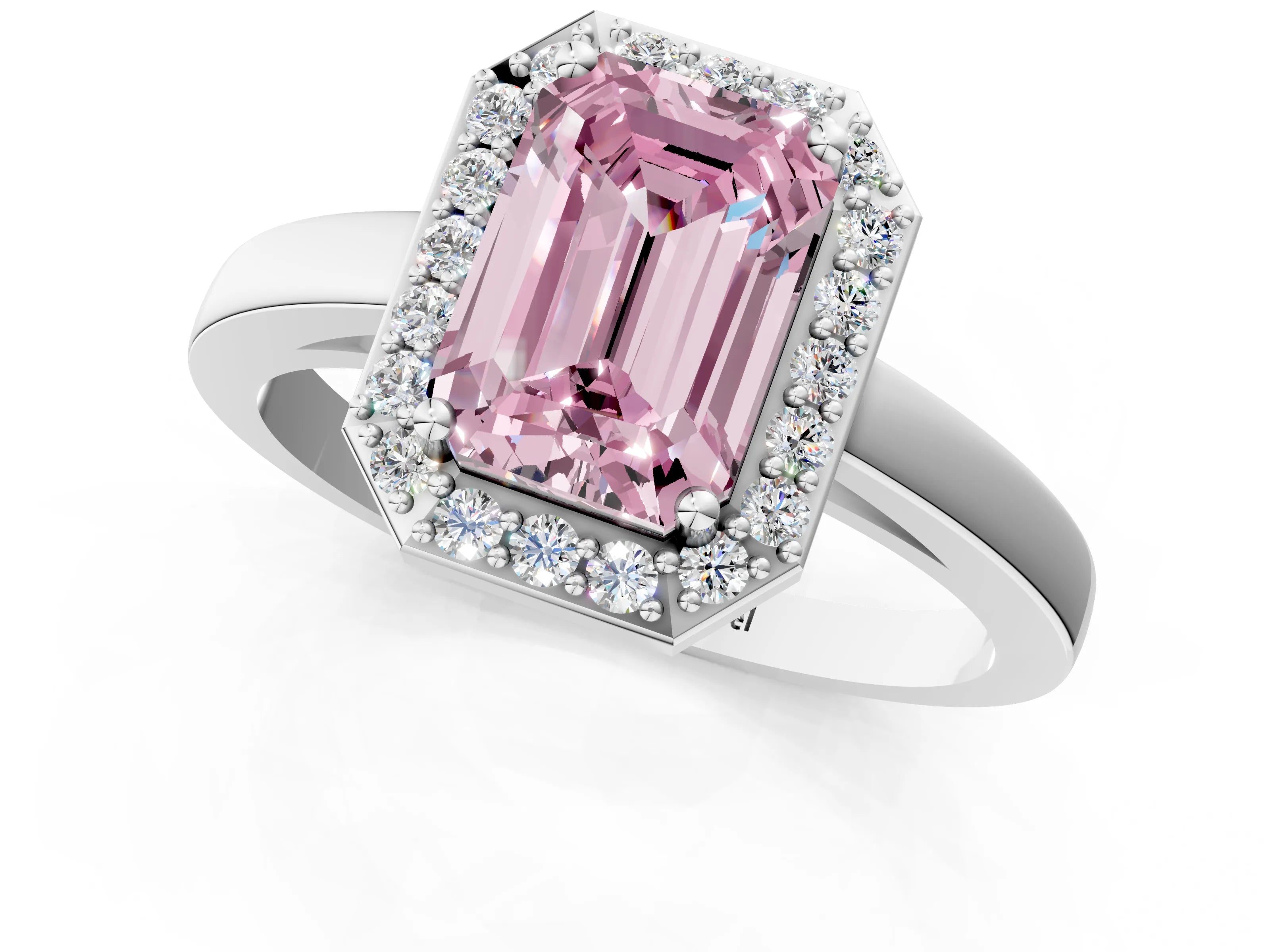 White gold Fancy Pink Emerald Cut Halo Diamond Ring with Solitaire Band and Prong Setting_25