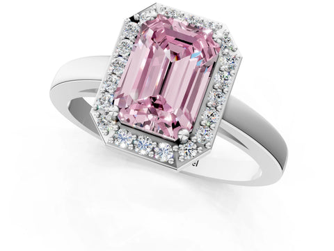 White gold Fancy Pink Emerald Cut Halo Diamond Ring with Solitaire Band and Prong Setting_25