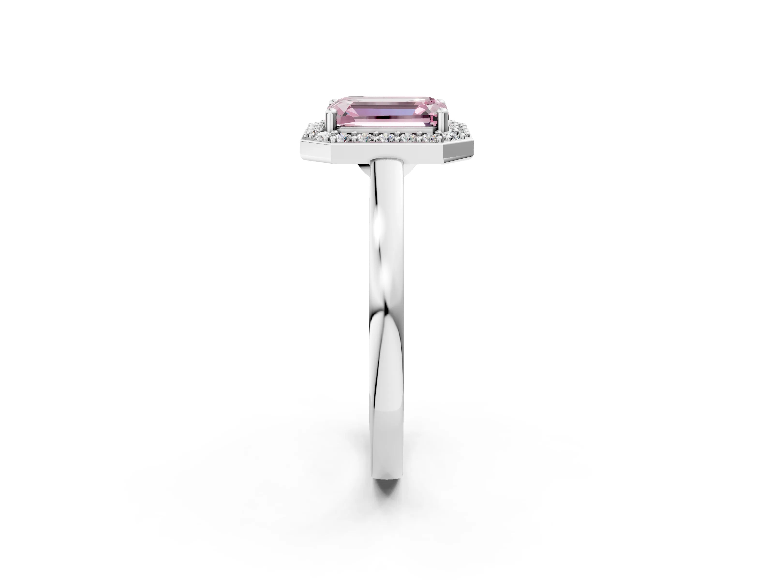 White gold Fancy Pink Emerald Cut Halo Diamond Ring with Solitaire Band and Prong Setting_2
