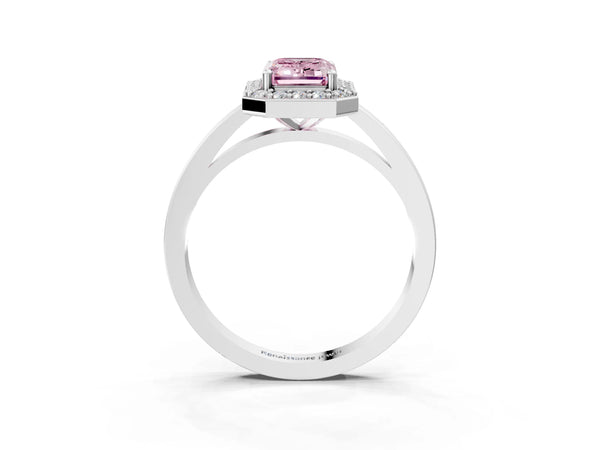 Platinum Fancy Pink Emerald Cut Halo Diamond Ring with Solitaire Band and Prong Setting