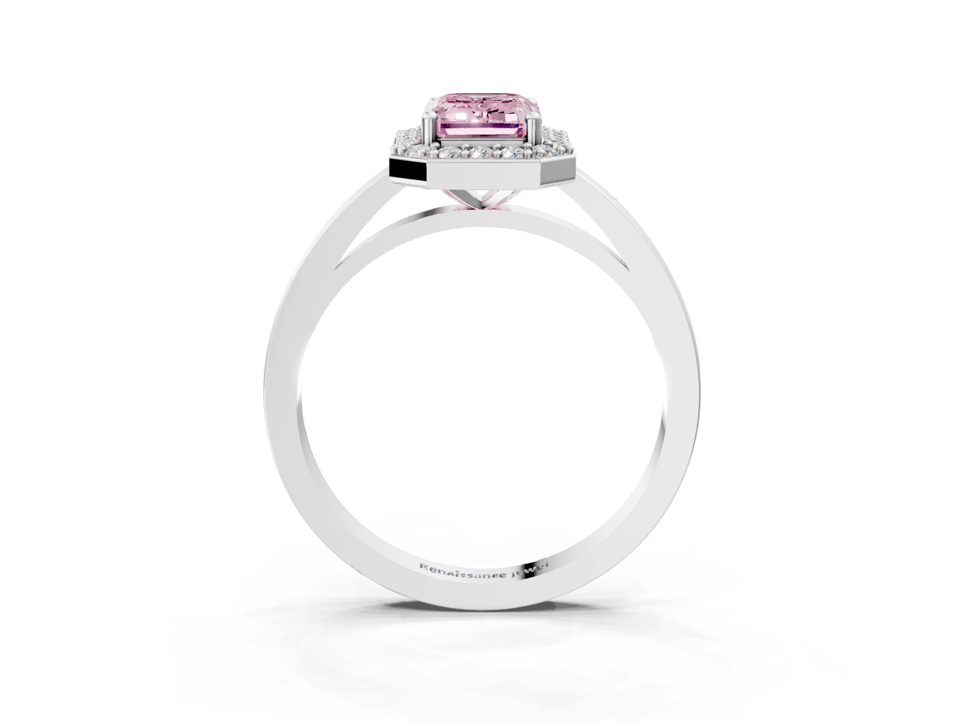 White gold Fancy Pink Emerald Cut Halo Diamond Ring with Solitaire Band and Prong Setting_3