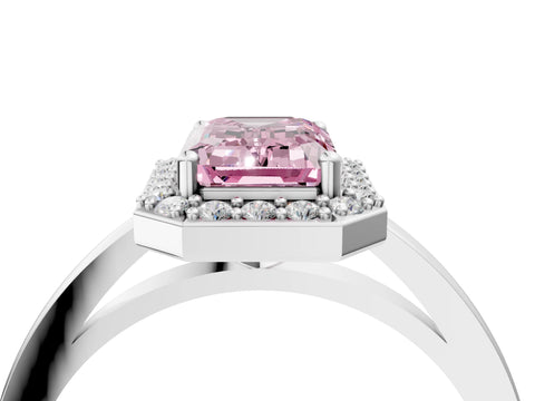 White gold Fancy Pink Emerald Cut Halo Diamond Ring with Solitaire Band and Prong Setting_4