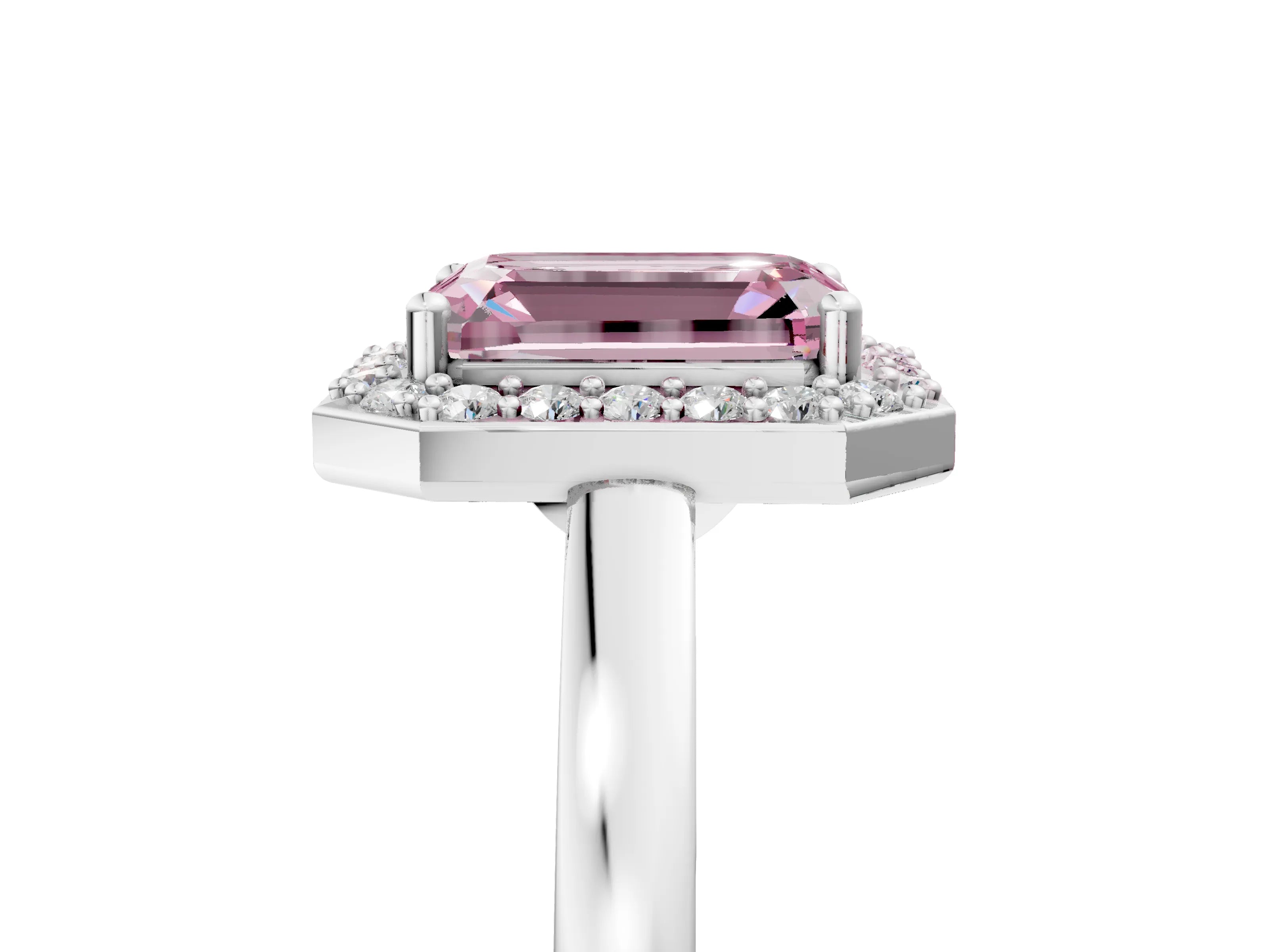 White gold Fancy Pink Emerald Cut Halo Diamond Ring with Solitaire Band and Prong Setting_5