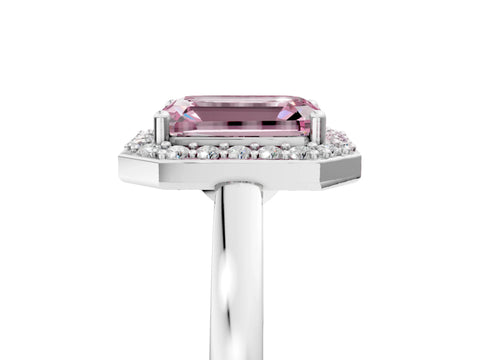 White gold Fancy Pink Emerald Cut Halo Diamond Ring with Solitaire Band and Prong Setting_5