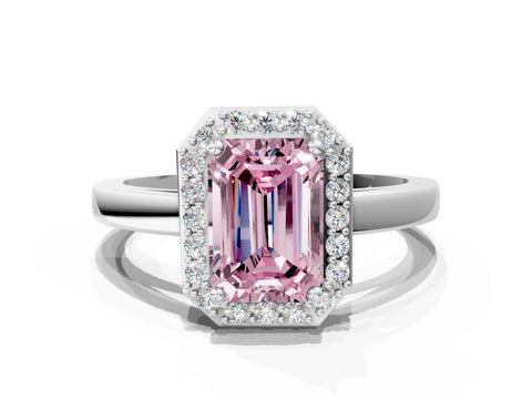 White gold Fancy Pink Emerald Cut Halo Diamond Ring with Solitaire Band and Prong Setting