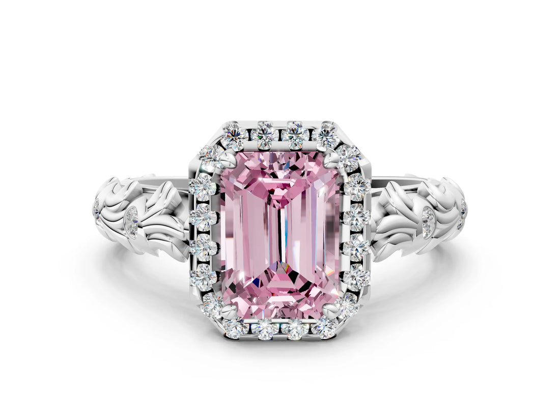 White gold Fancy Pink Emerald Cut Halo Diamond Solitaire with Filigree Band and Four-Prong Setting