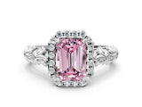 White gold Fancy Pink Emerald Cut Halo Diamond Solitaire with Filigree Band and Four-Prong Setting