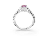 White gold Fancy Pink Emerald Cut Halo Diamond Solitaire with Filigree Band and Four-Prong Setting_3