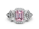 White gold Fancy Pink Emerald Cut Halo Diamond Split Shank Engagement Ring with Four-Prong Setting