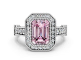 White gold Fancy Pink Emerald Cut Halo Diamond Split Shank Pave Ring