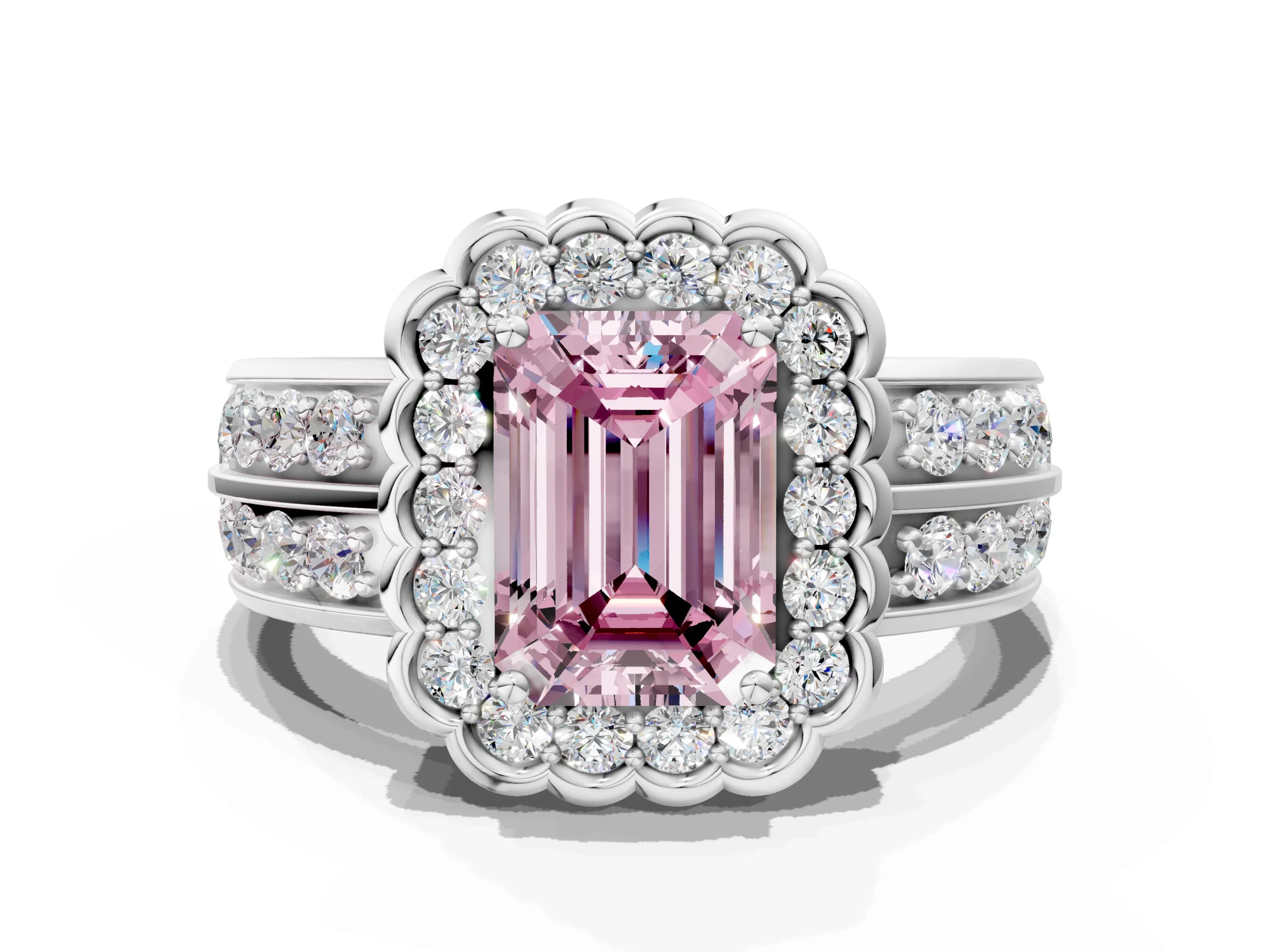 White gold Fancy Pink Emerald Cut Halo Diamond Split Shank Ring with Scalloped Prong Setting_12