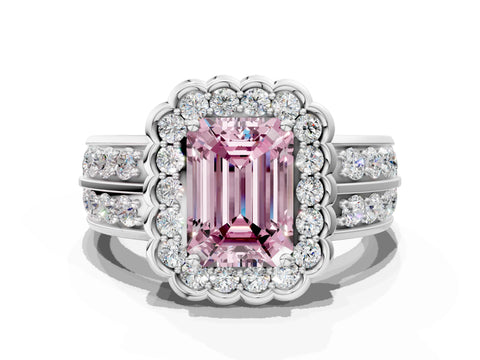 White gold Fancy Pink Emerald Cut Halo Diamond Split Shank Ring with Scalloped Prong Setting_12