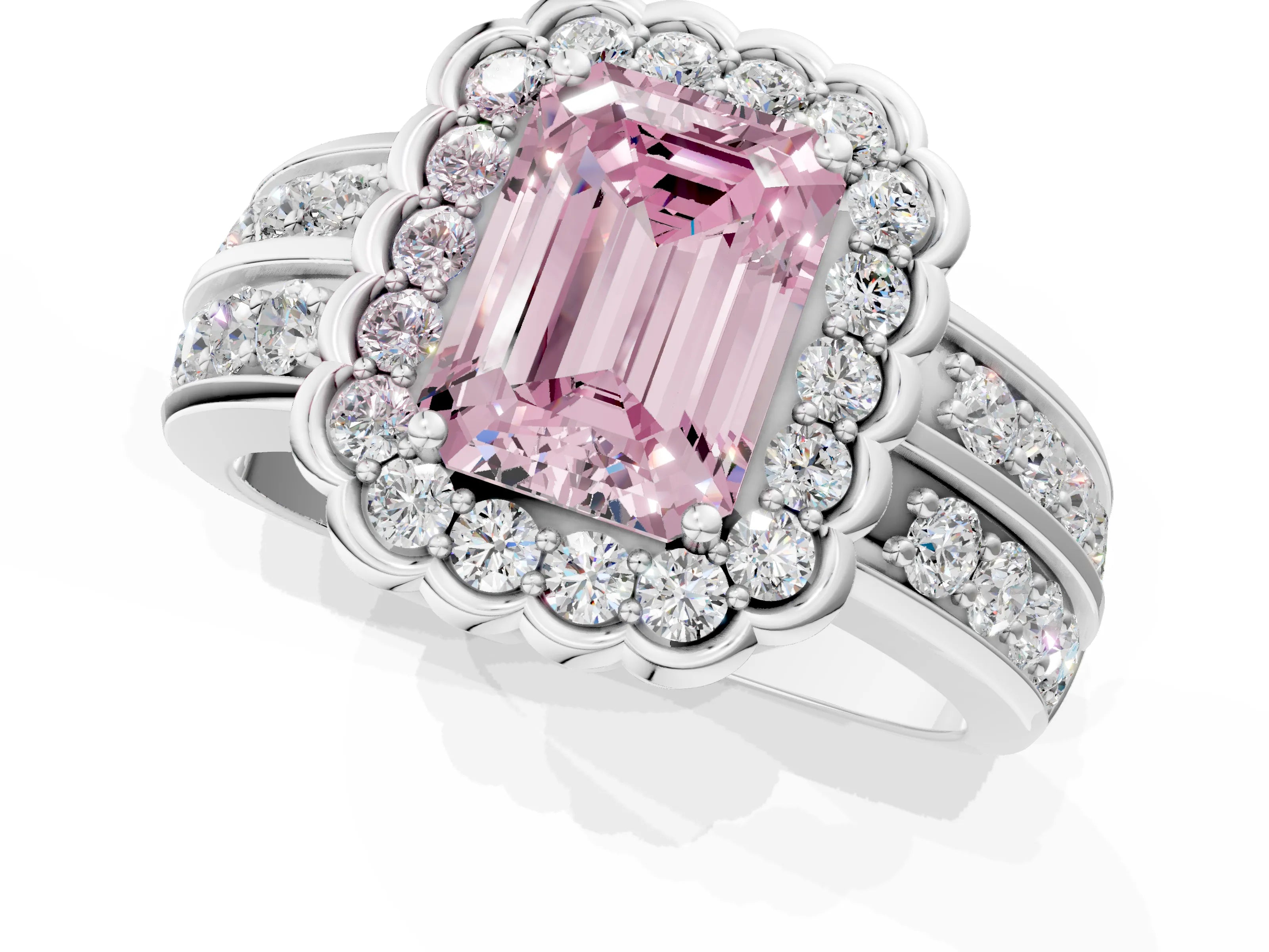 White gold Fancy Pink Emerald Cut Halo Diamond Split Shank Ring with Scalloped Prong Setting_13