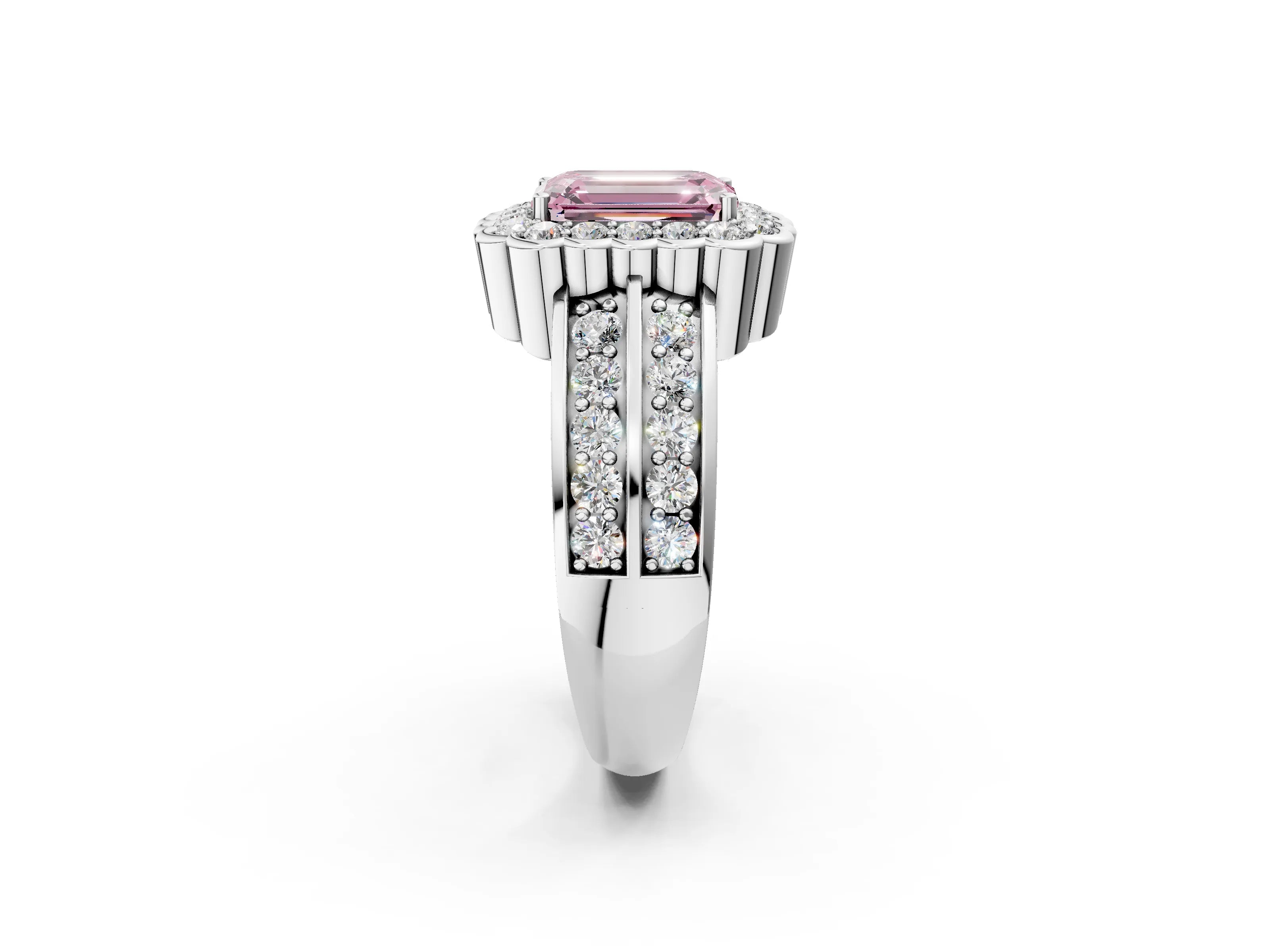 White gold Fancy Pink Emerald Cut Halo Diamond Split Shank Ring with Scalloped Prong Setting_14