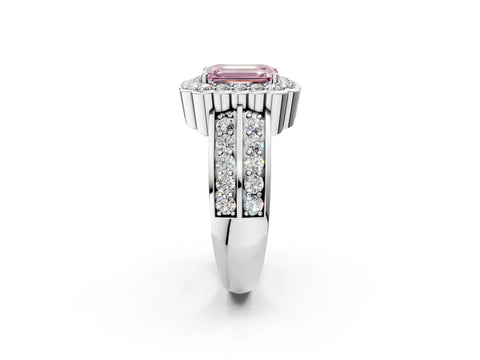 White gold Fancy Pink Emerald Cut Halo Diamond Split Shank Ring with Scalloped Prong Setting_14