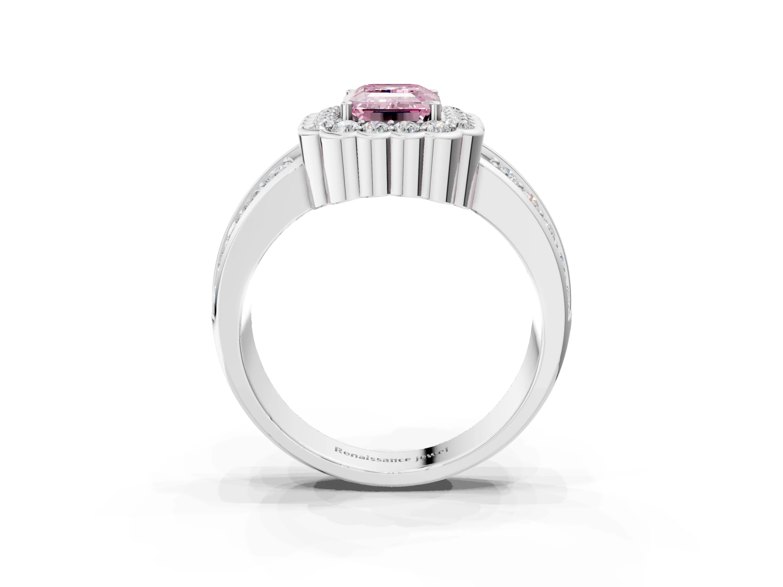 White gold Fancy Pink Emerald Cut Halo Diamond Split Shank Ring with Scalloped Prong Setting_15