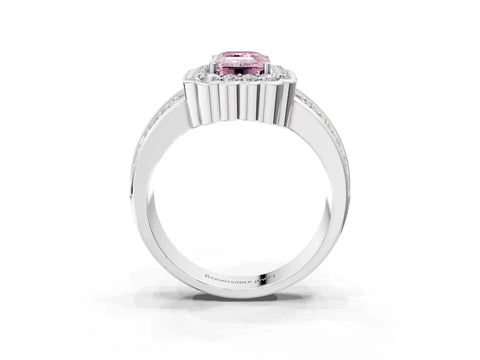 White gold Fancy Pink Emerald Cut Halo Diamond Split Shank Ring with Scalloped Prong Setting_15