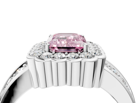 White gold Fancy Pink Emerald Cut Halo Diamond Split Shank Ring with Scalloped Prong Setting_16
